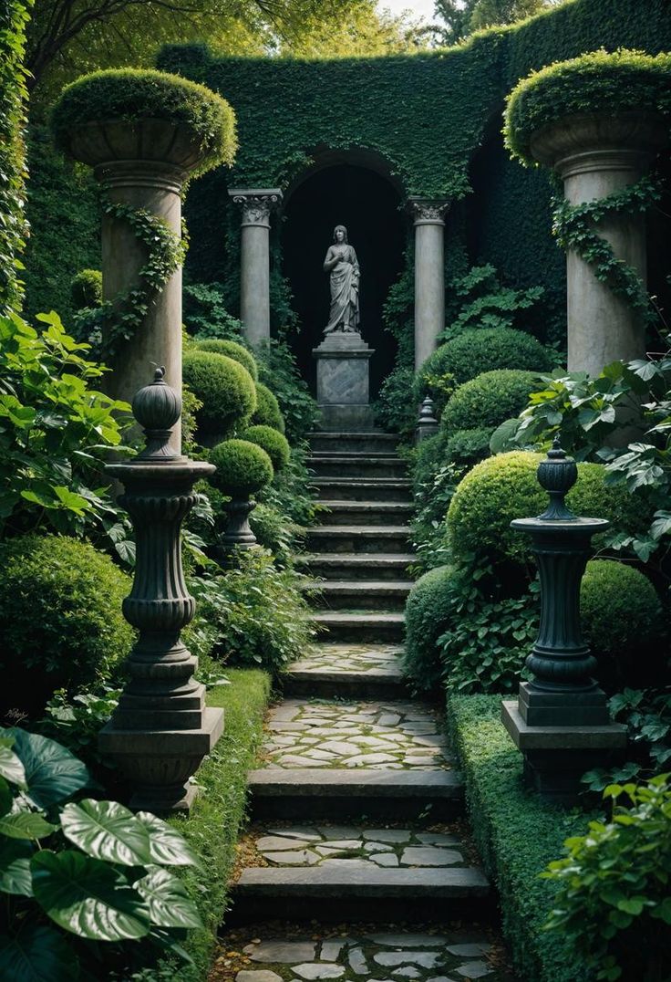 an outdoor garden with stone steps leading up to a statue in the middle of it