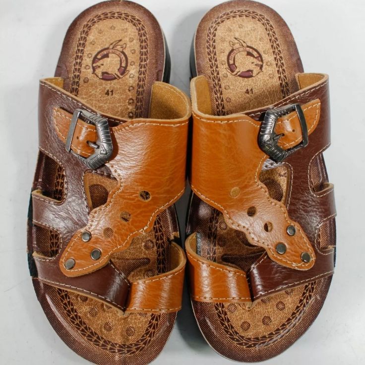 Condition: Brand New. Maui Horseman Shoes. Color: Brown Upper: Leather Style: Gladiator Sandals. No Box Brown Slides With Leather Footbed For The Beach, Brown Leather Beach Slides, Brown Leather Footbed Slides For Beach, Brown Leather Slides For The Beach, Outdoor Brown Slip-on Sandals, Brown Leather Footbed Open-toe Sandals, Brown Flat Sandals With Buckle Closure, Brown Closed Toe Sandals With Leather Footbed, Brown Open Toe Sandals With Leather Footbed