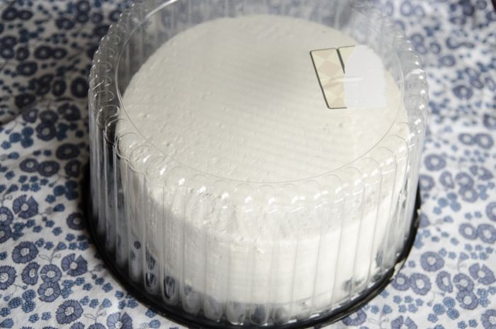 there is a small cake in the plastic container on the tablecloth with blue and white flowers