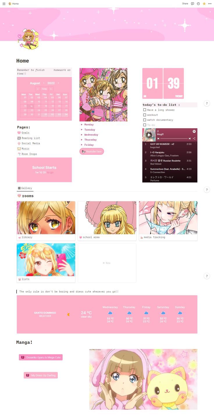 an image of a website page with anime characters on the front and back pages, all in pink