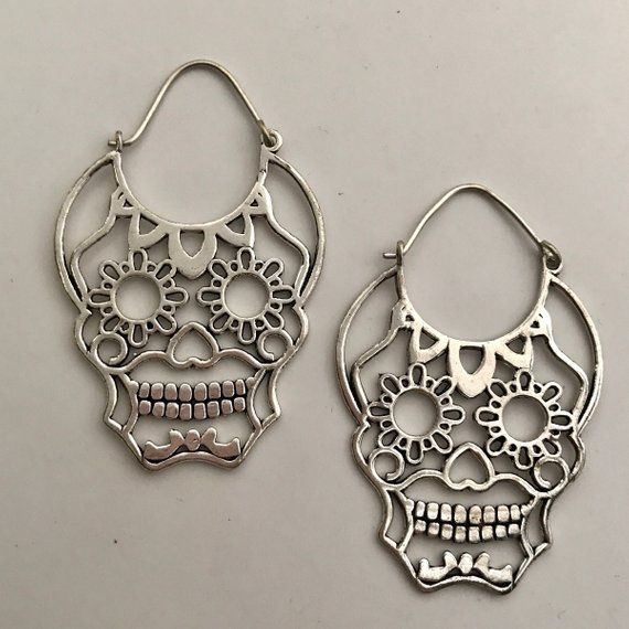 Sugar Skull Hoop Earrings | Etsy Silver Earrings For Halloween Festival, Grass Valley, Earrings Etsy, Silver Wire, Sugar Skull, Wire Jewelry, Hippie Boho, Crochet Earrings, Etsy Earrings