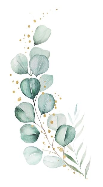 watercolor painting of green leaves and gold dots