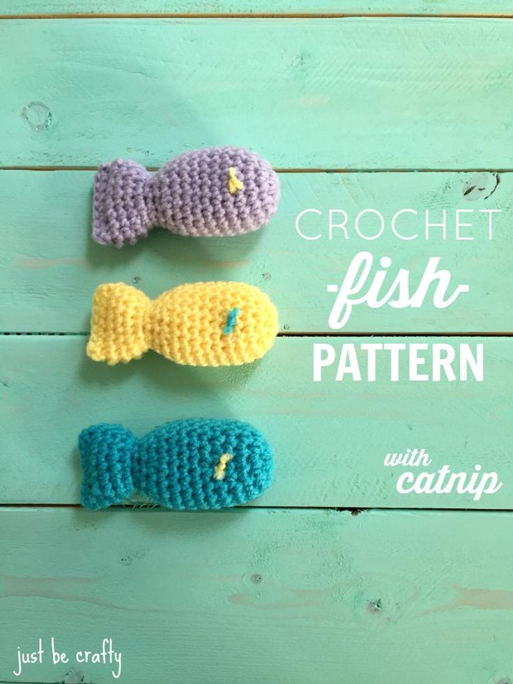 three crochet fish patterns with text overlay