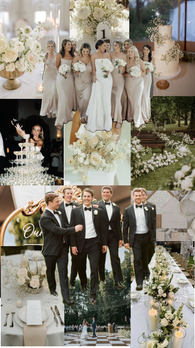 a collage of wedding pictures with white flowers