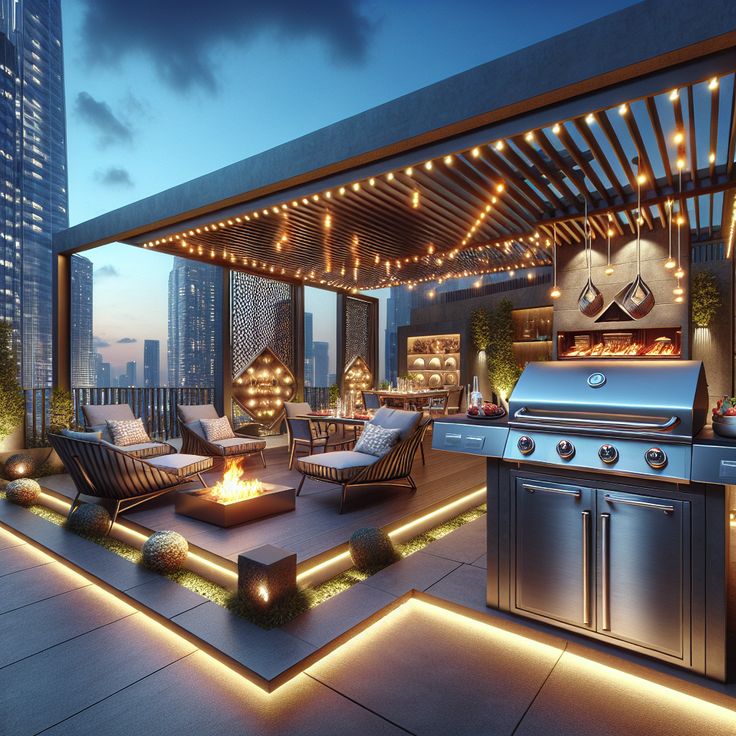 This stylish bachelor's patio features a modern grill station surrounded by sleek furniture, a chic bar, plush lounge area, and a toasty fire pit against an urban backdrop. Perfect for any night out. #OutdoorPatio #BachelorPad #ModernGrill #UrbanLiving #OutdoorBar #OutdoorLiving Grill Terrace Design, Rooftop Garden Design Modern, Backyard Bar And Grill, Terrace Designs, Patio Features, Grill Patio, Terrace Bar, Luxury Pools Backyard, Indoor Jacuzzi