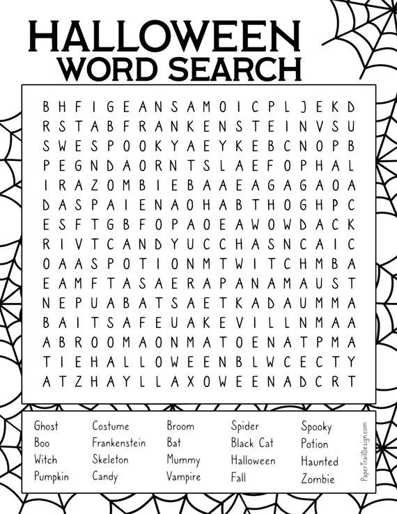 the halloween word search is shown in black and white with spider webs on it