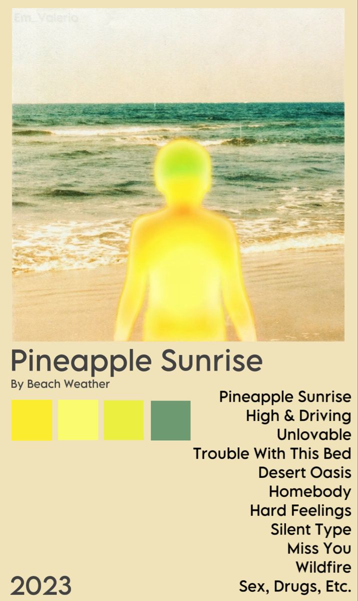 a poster with the words pineapple sunrise on it and an image of a man standing in front of the ocean