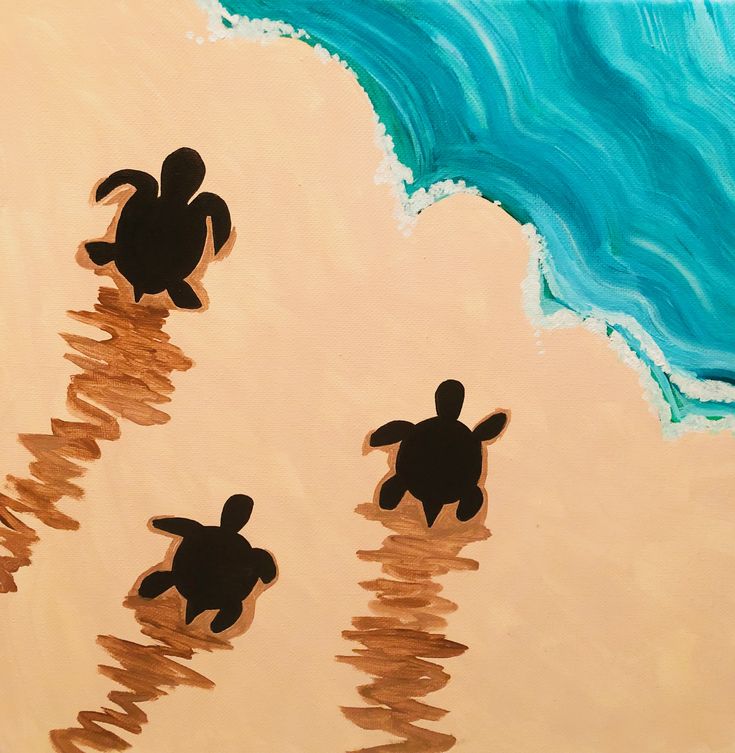 an acrylic painting of two turtles swimming in the ocean