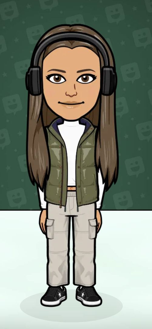 a cartoon girl with headphones on her ears, standing in front of a green background