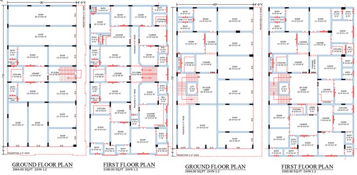 the floor plan for an apartment building with three floors and four stories, all in different colors