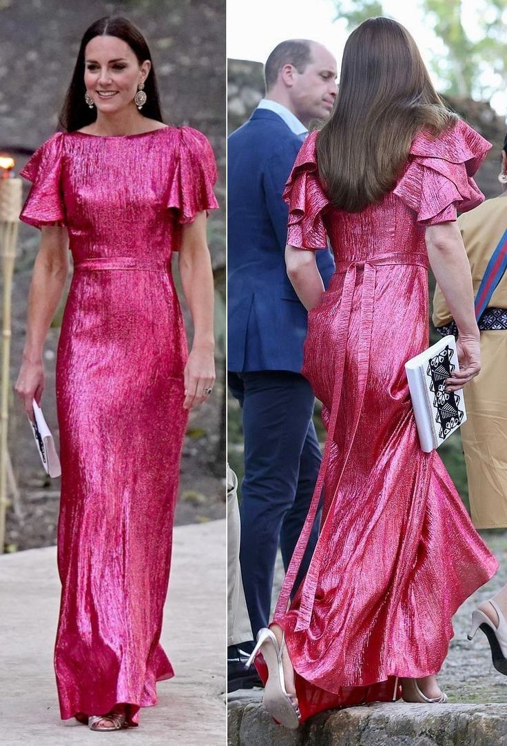 two pictures of the same woman in pink dresses, one is wearing heels and the other has