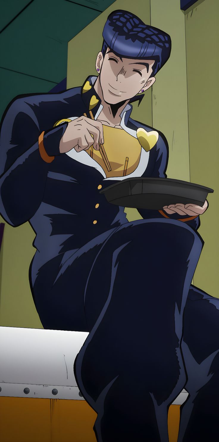 an anime character is sitting down with his arm in the air and holding a plate