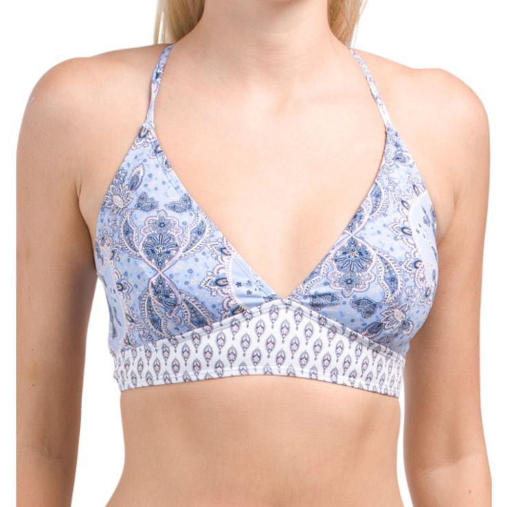 Banded Hem Strappy Back With Tie Accent Pretty Paisley Pattern Removable Bra Cups Fabric Provides Stretch Triangle Top Nylon/Spandex Hand Wash Smoke Free Home V-neck Halter Top With Built-in Bra For Vacation, Spring V-neck Swimwear With Adjustable Straps, Bohemian Halter Top With Built-in Bra For Summer, Summer Halter Top With Built-in Bra And T-back, Blue Beachwear Halter Top With Tie Back, Blue Halter Top With Tie Back For Sunbathing, Blue Tie Back Halter Top For Beachwear, Blue Halter Top With Tie Back For Pool, Blue Tie Back Halter Top For Poolside