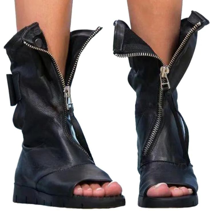 Black Peep Toe Gladiator Sandal All Functional Zippers Thigh High Sandals, Popular Boots, Flat Booties, Bow Boots, Summer Boots, Womens Gladiator Sandals, Zipper Heels, Looks Street Style, Bow Flats