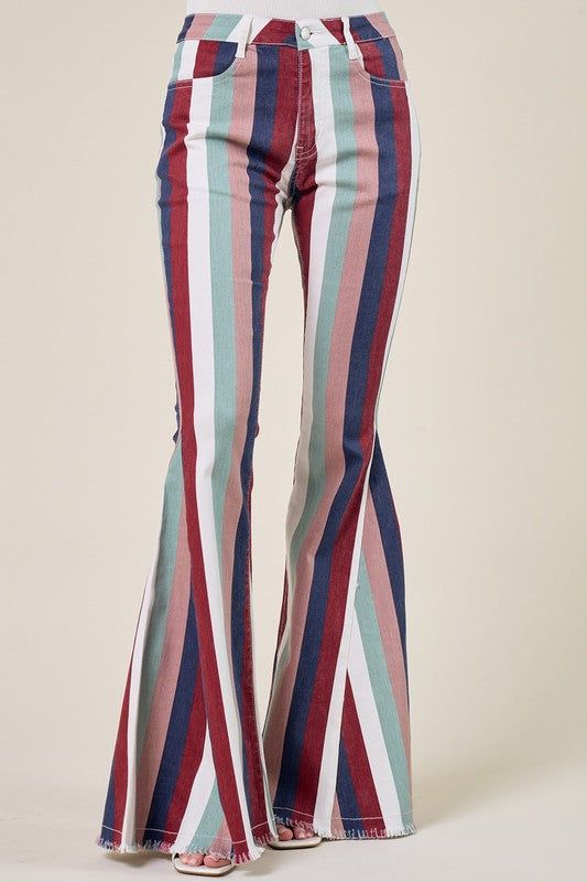 flared denim jeans, striped jeans, very 70s, fun, stretched denim pants, fringe detail at hem, very flattering, perfect with platforms for complete look. Flared Denim, Stretch Denim Pants, Flare Denim Jeans, Hippie Girl, Striped Jeans, Flared Pants, High Rise Denim, Denim Flares, Chic Boutique