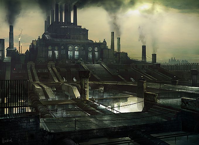 Fantasy Factory Concept Art, Dieselpunk City Concept Art, Steampunk Post Apocalyptic Art, Dystopian Prison, Industrial City Concept Art, Diesel Punk City, Industrial Concept Art, Steampunk Factory Concept Art, Dieselpunk Concept Art