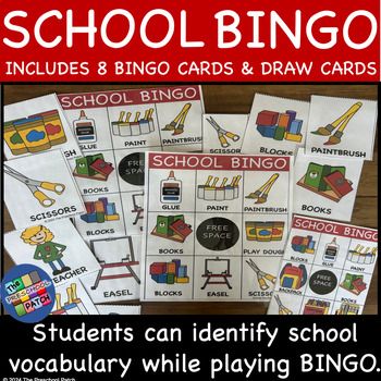 the back to school bingo game is shown with four different cards and one has an image of