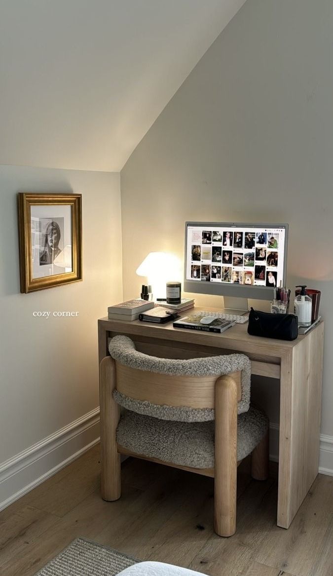 a desk with a computer on top of it