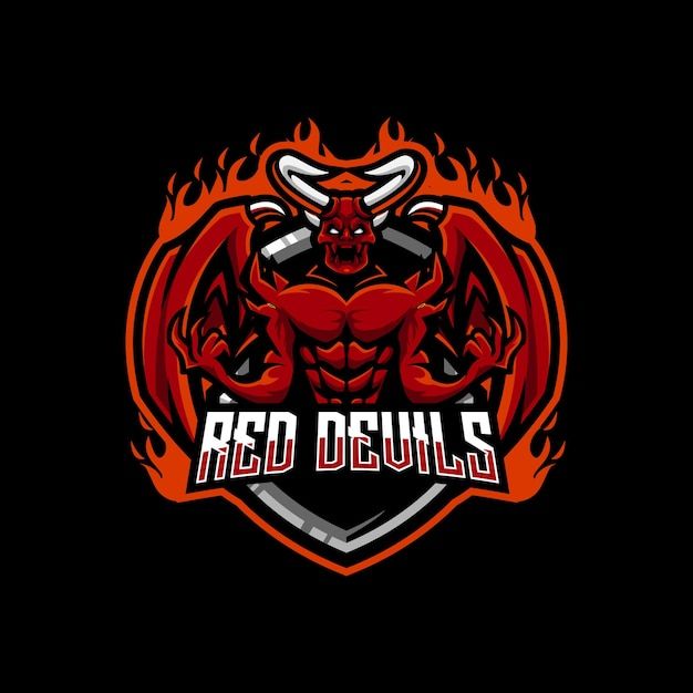 the red devil logo with flames on it's chest and arms, in front of a black background