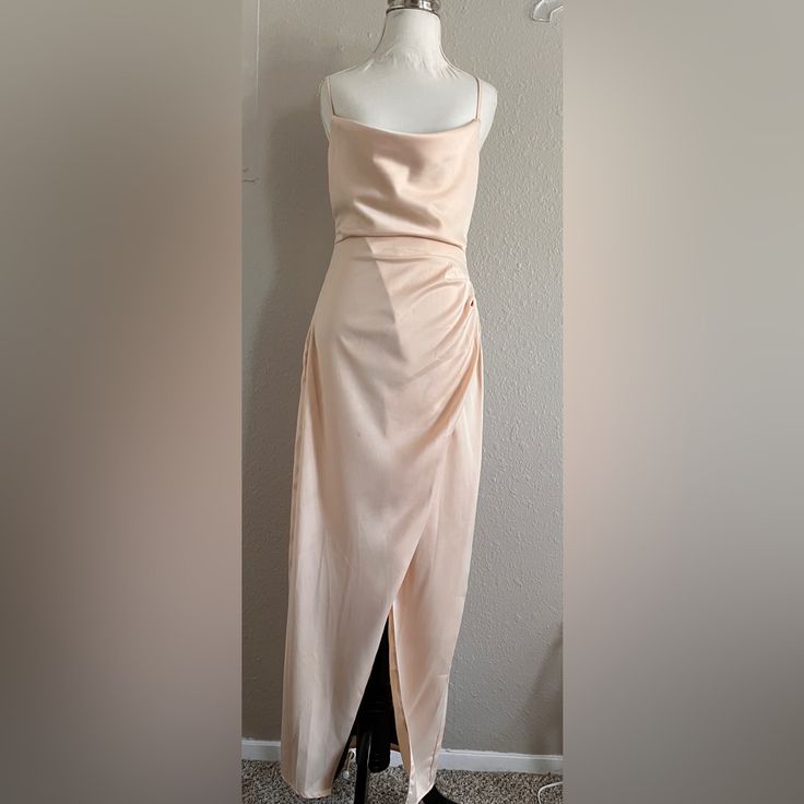 Champagne Colored Long Dress In The Style Cowl Play Satin Maxi. Nwt. Side Zip. Adjustable Straps. Bottom Of Dress Has A Few Spots That Are From Being Stored. Approximate Measurements Size Us 4 Feminine Lined Maxi Dress For Party, Shoulder Pad Dress, Tube Midi Dress, Neoprene Dress, Plus Size Mini Dresses, Lounge Dress, Satin Mini Dress, Satin Midi Dress, Long Sleeve Floral Dress