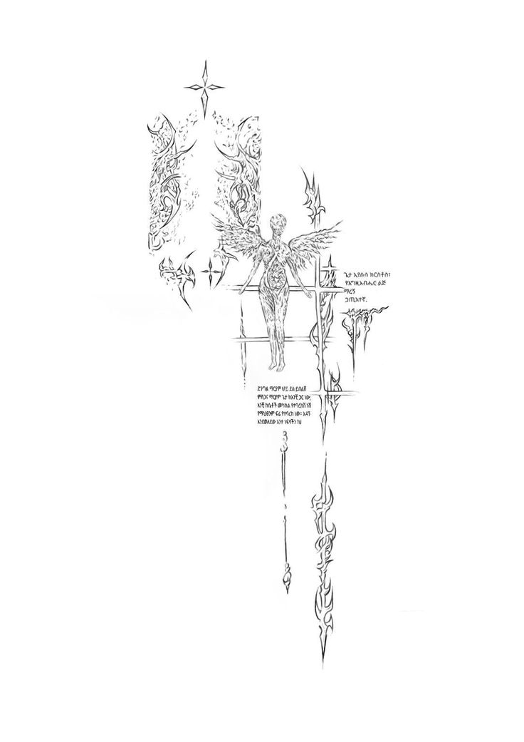 a drawing of an angel on top of a cross with the words, and symbols below it