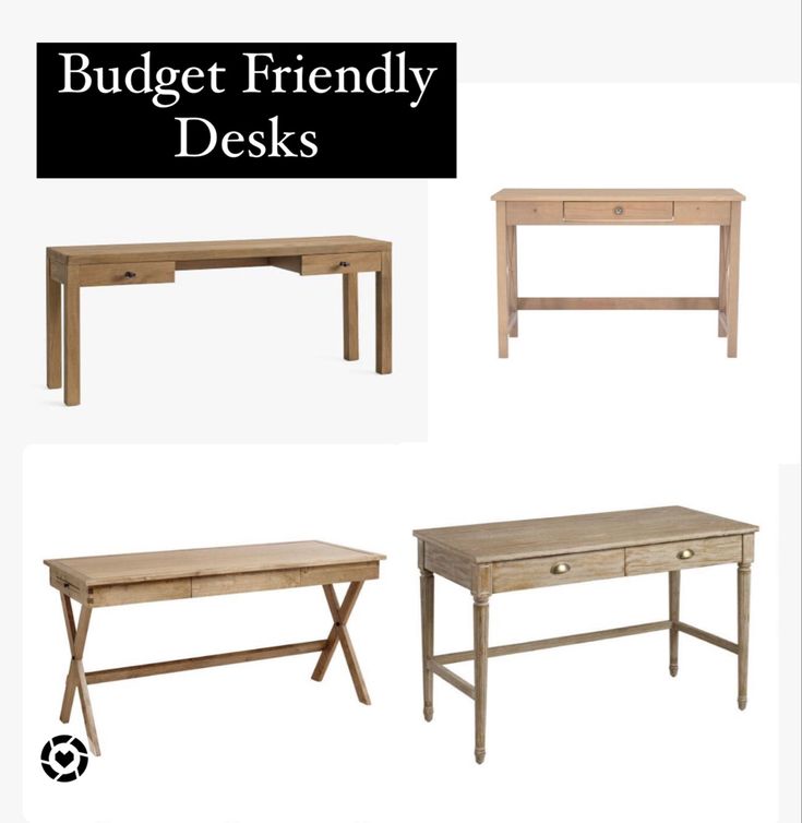 three different types of desks with the words budget friendly desks