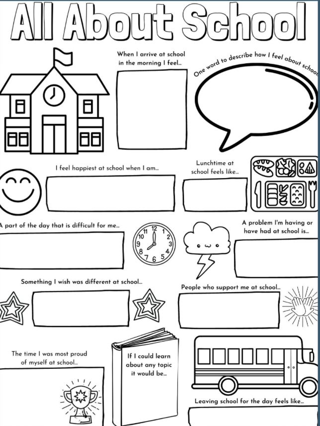 This worksheet is a variation of an "All About Me" worksheet, but focused on the lived experience of when the child is in school. I have used this therapy tool as a rapport building exercise with children and tweens in therapeutic settings and for exploring potential stressors that child might be experiencing in school, but are hesitant, or unsure of how to verbalize. Great for school guidance and adjustment counselors or therapy worksheet for mental health therapists in the therapeutic setting School Counseling Activities Middle School, Back To School Therapy Activities, Rapport Building Activities Therapy Kids, Kids Therapy Activities, Play Therapy Activities For Children, Telehealth Therapy Activities For Kids, Therapy Activity For Kids, Counseling Worksheets Therapy Tools, Therapy Worksheets For Kids