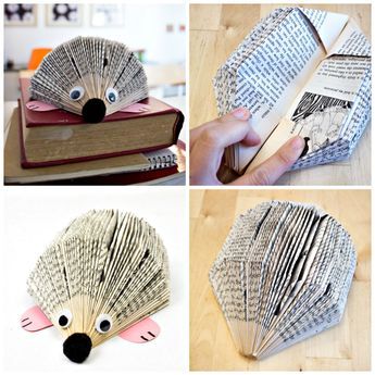 four different pictures of an animal made out of books