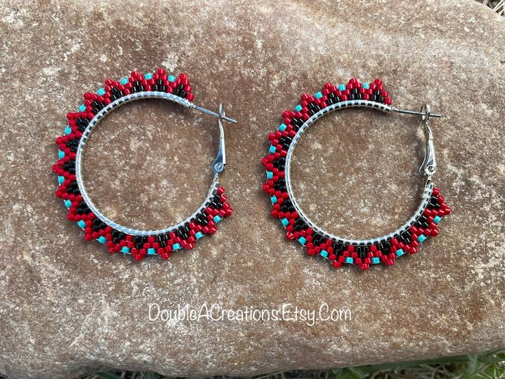 Red and Turquoise Beaded Hoop Earrings by DoubleACreations on Etsy Red Hoop Earrings With Colorful Beads For Jewelry Making, Red Round Hoop Earrings For Festivals, Red Hoop Earrings For Festival, Red Southwestern Style Earrings With Round Beads, Red Beaded Hoop Jewelry, Southwestern Style Red Round Bead Earrings, Red Beaded Small Hoop Earrings, Red Beaded Hoop Earrings, Bohemian Red Hoop Earrings With Dangling Beads