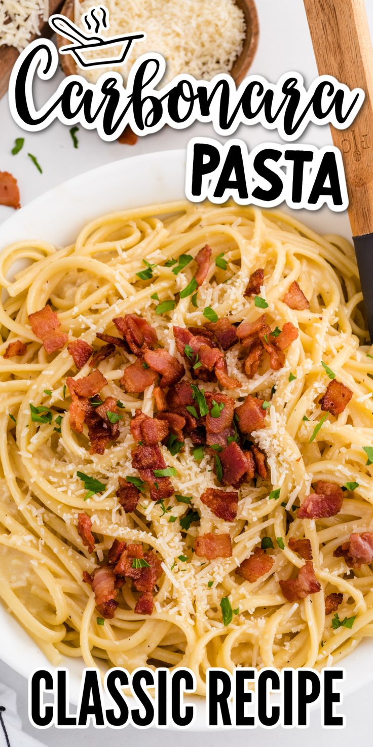 the recipe for carbonera pasta with bacon and parmesan cheese is in a white bowl