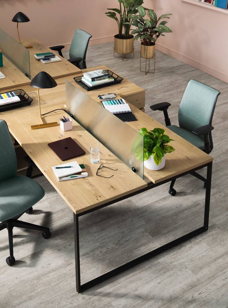 an office with desks, chairs and plants on the tables in front of them