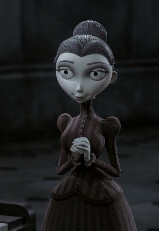 an animated doll is standing in front of a piano and looking at the camera while wearing a dress