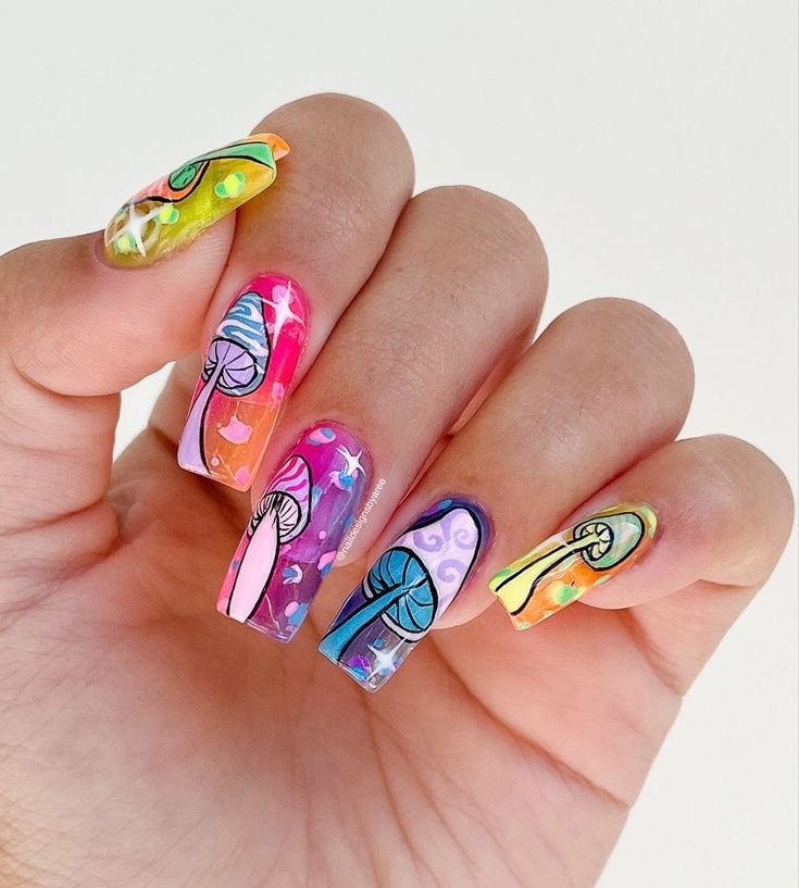 Fully handpainted rainbow mushroom nails Shroom Nails Art, Trippy Mushroom Nails Acrylic, Rave Nails Festivals, Mail Inspo 2022, Rave Nails Designs, Trippy Mushroom Nails, Shroom Nails, Trippy Nail Designs, Trippy Nail Art