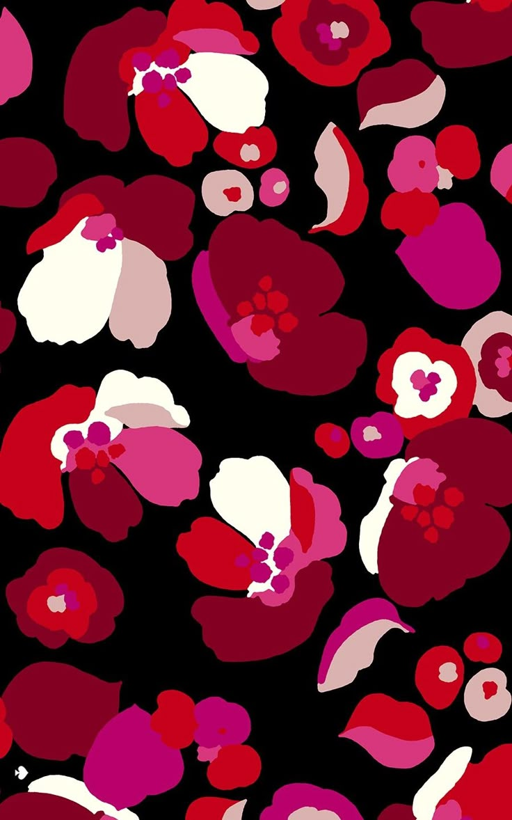 red and pink flowers on black background with white dots in the middle, all over