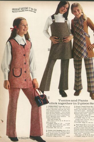 1971 Sears Catalog by SA_Steve, via Flickr-I'm sad to say I had one of these outfits in size 12C.  The C stood for Chubby. Vinyl Purse, Decades Fashion, Ugly Outfits, 70s Clothing, Sears Catalog, 60s 70s Fashion, Seventies Fashion, Pant Suits, 1970s Fashion