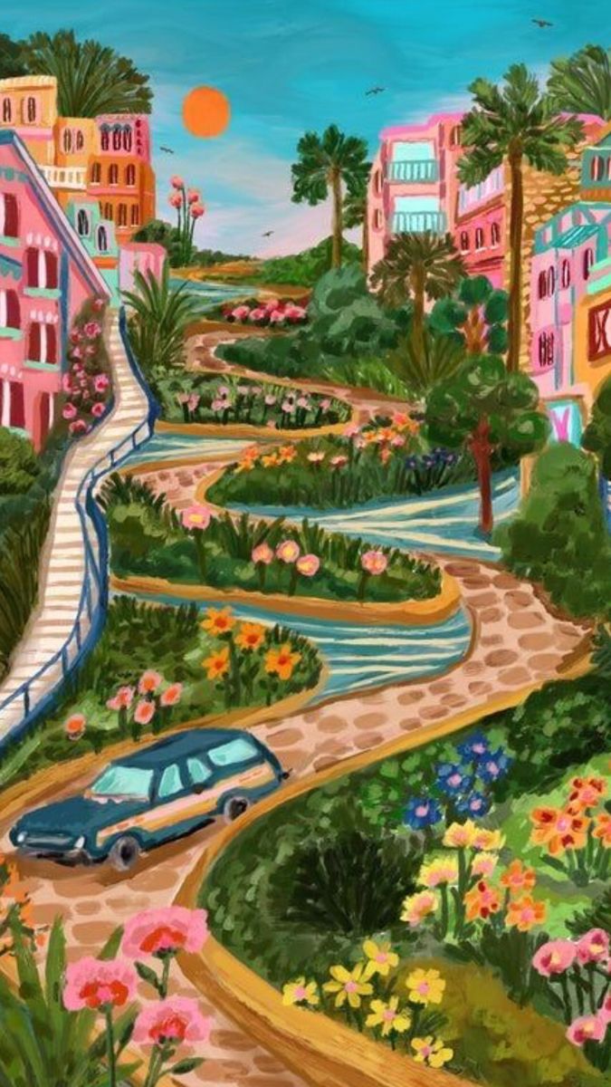 a painting of a car driving down a road with flowers and buildings in the background