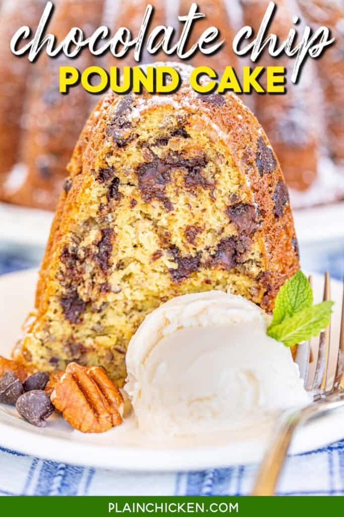 chocolate chip pound cake on a plate with whipped cream and pecans in the background