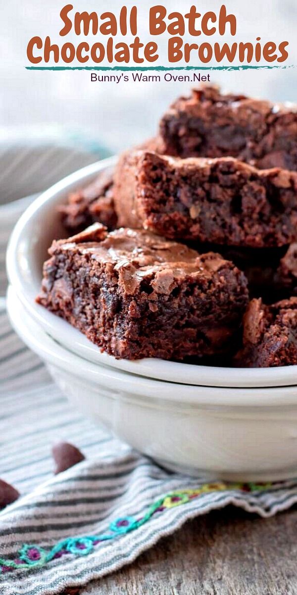 small batch chocolate brownies in a white bowl on a table with text overlay