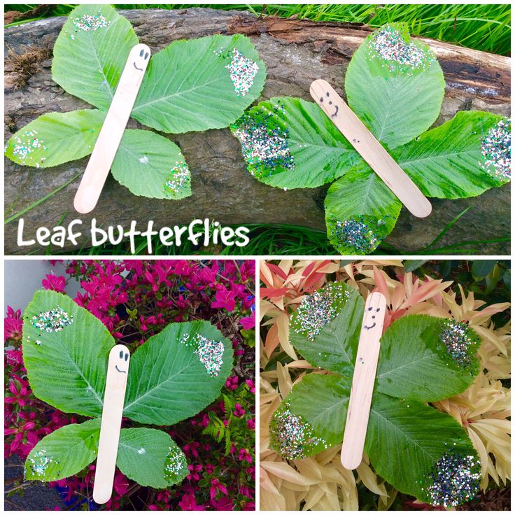 four different pictures of leaves with stick faces on them and the words leaf butterflies painted on them