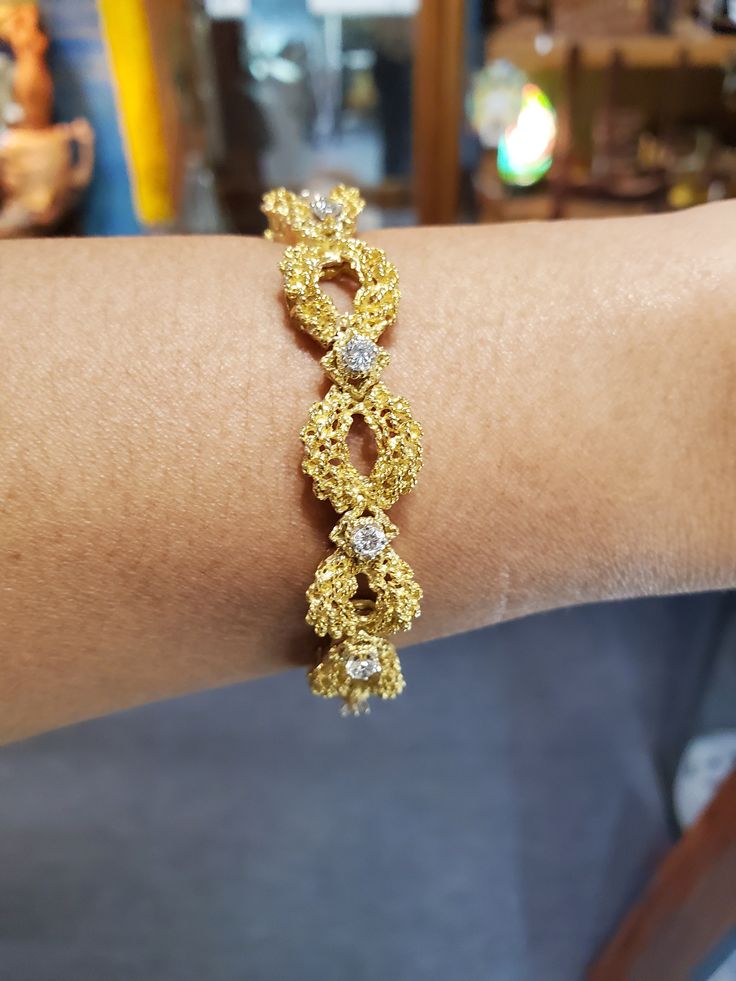 "You are viewing a beautiful 18k gold mesh style diamond bracelet. The total weight of the bracelet is approx.33.94 GRAMS. The bracelet is 7 inches long. The bracelet is 12mm WIDE. There are 11 round diamonds in the bracelet each is measure APPROX .12ct total of 1.29 diamond. Marked 18k . The clasp is hidden too that makes the bracelet more nice.. The bracelet is in great condition as well. Please send me a message if you have any questions. When listing and describing our items we make a consci Diamond Bracelets With Intricate Design In Yellow Gold, Yellow Gold Diamond Bracelets With Intricate Design, Yellow Gold Diamond Bracelet With Intricate Design, Gold Diamond Chain Bracelet For Wedding, Filigree Ring, Ring Gift, Antique Jewelry, Diamond Bracelet, Round Diamonds