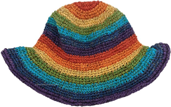 A must-have color statement for the season! Vibrant colors all placed together in this stunning hemp and cotton material hat, truly stands out from the crowd.  With its unique fit-having a flexible metal rim on the hat which enables you to fit it properly on the head, it makes for a comfy style. #tlb #vacationclothing #bohogift #Fall #bohemianfashion #Handmade #Rainbow #Handmadeskullcap #ColorfulCap #multicolorcap Multicolor Lightweight Hat With Curved Brim, Lightweight Multicolor Hat With Curved Brim, Casual Lightweight Multicolor Sun Hat, Casual Multicolor Lightweight Sun Hat, Multicolor Lightweight Bucket Hat With Curved Brim, Multicolor Lightweight Sun Hat With Curved Brim, Lightweight Multicolor Brimmed Sun Hat, Lightweight Multicolor Bucket Hat With Curved Brim, Colorful Adjustable Casual Crochet Hat