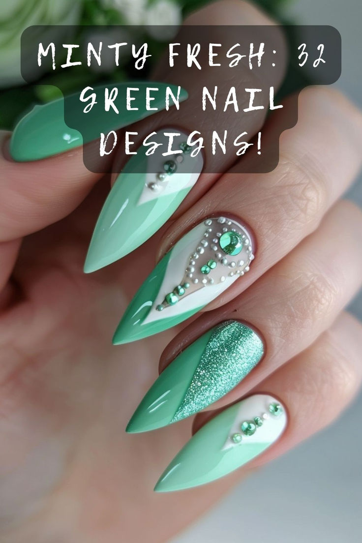 🍃✨ Get your nails spring-ready with these enchanting mint green designs. Click to discover the shades and styles waiting for you! #NailTrends #SpringManicure #MintyFresh #NailInspo #FreshNails Mint Green Nail Art Design, Mint Green Ombre Nails, Ombre Mint Green Nails, Almond Mint Green Nails, Mint Green Glitter Nails, Polka Dot Nail Designs, Lime Green Nails, Quick Nail, Neon Nail Art