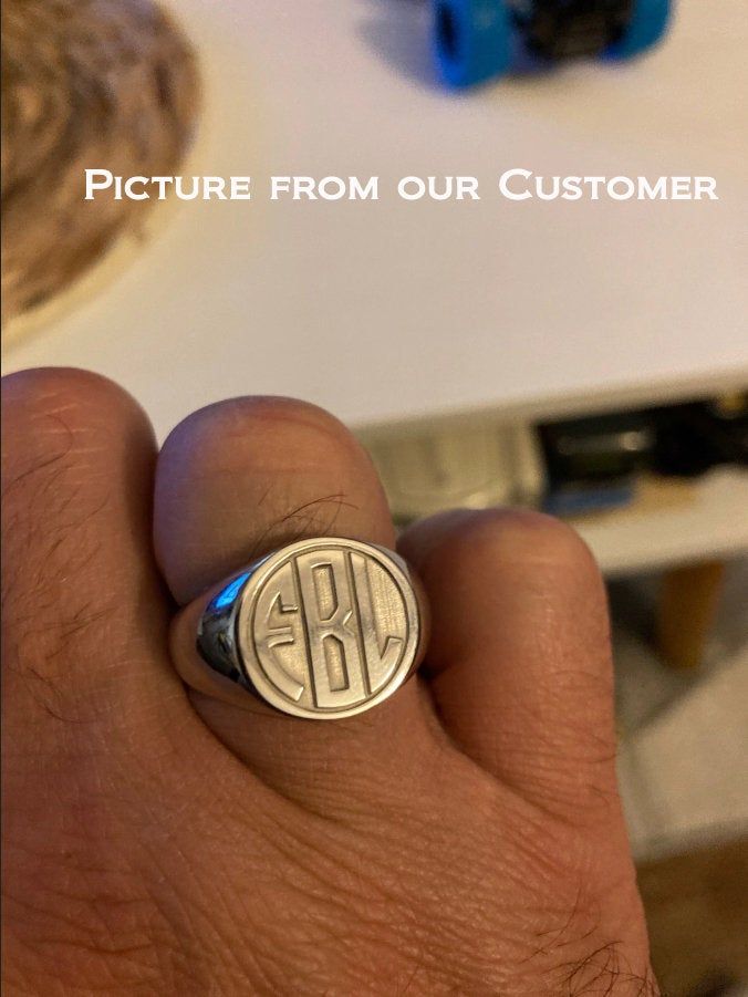 This a custom Signet Ring with your own Initials Monogram engraved! Solid 925 Sterling Silver with time-honored manufacturing techniques, and world-class craftsmanship. We can do Sterling silver (original tone), 18K Gold plated or 18K Rose Gold plated. We can do 2-3 letters block Monogram. 3D hand Engraving technique is done for perfection. All rings are made to order, starting from raw material to artwork and crafting. Please allow time to finish. Your patience is rewarded. This Signet ring is Classic Silver Engraved Logo Ring, Anniversary Silver Engraved Ring, Classic Engraved Ring With Logo, Classic Engraved Ring With Logo For Anniversary, Classic Engraved Logo Ring, Classic Engraved Ring With Logo As Gift, Classic Engraved Ring With Logo For Gift, Personalized Silver Signet Ring With Initials, Personalized Silver Engraved Ring With Monogram