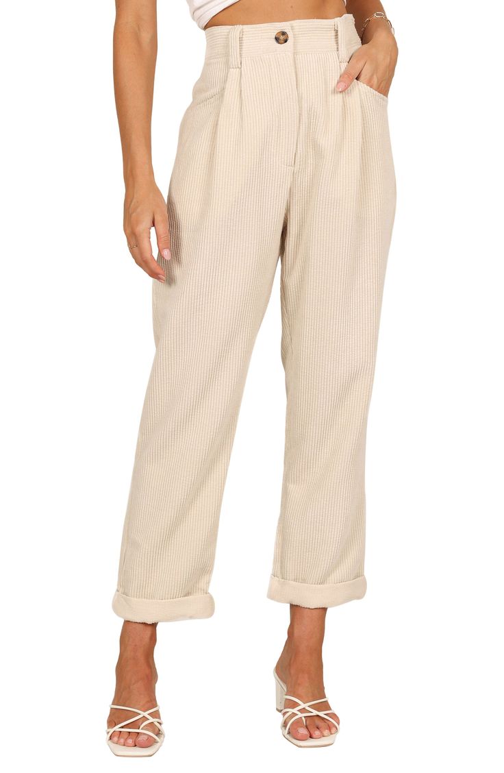 These pleat-front pants are crafted from soft corduroy and boast a high-waist, cuffed-hem silhouette. Zip fly with button closure Side pockets Unlined 100% polyester Hand wash, dry flat Imported Spring High-waisted Corduroy Pants, Corduroy Ankle-length Workwear Bottoms, Spring Ankle-length Corduroy Pants, Chic High-waisted Corduroy Pants, Spring Corduroy Bottoms With Elastic Waistband, Spring Corduroy Tapered Leg Pants, Spring Tapered Leg Corduroy Bottoms, Spring Tapered Leg Corduroy Pants, Fabric Gift Bags