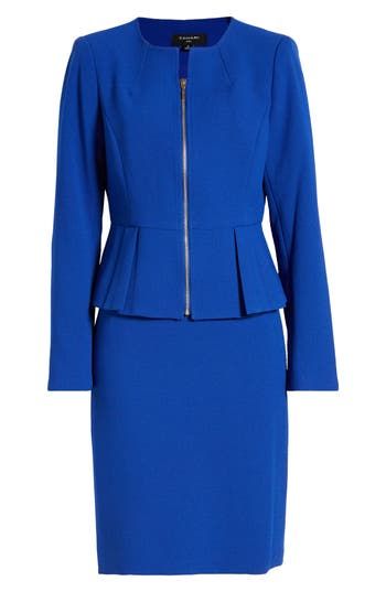 A zip-front jacket updates a skirt-suit look that offers plenty of possibilities for wearing the pieces together or separately. 23 1/2" jacket length; 21 1/2" skirt length (size 6) Jacket is collarless Lined 96% polyester, 4% elastane Dry clean Imported Skirt Suit Business, Designer Skirt, Business Attire Women, Business Suit, Business Attire, Skirt Design, Office Outfits, Skirt Suit, Wedding Suits