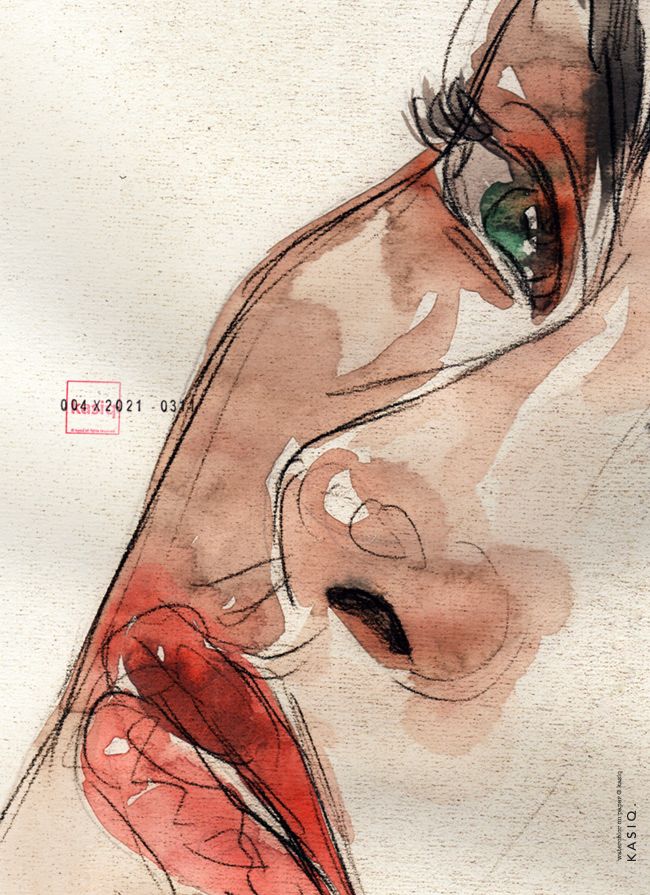 an artistic drawing of a woman's face with red lipstick