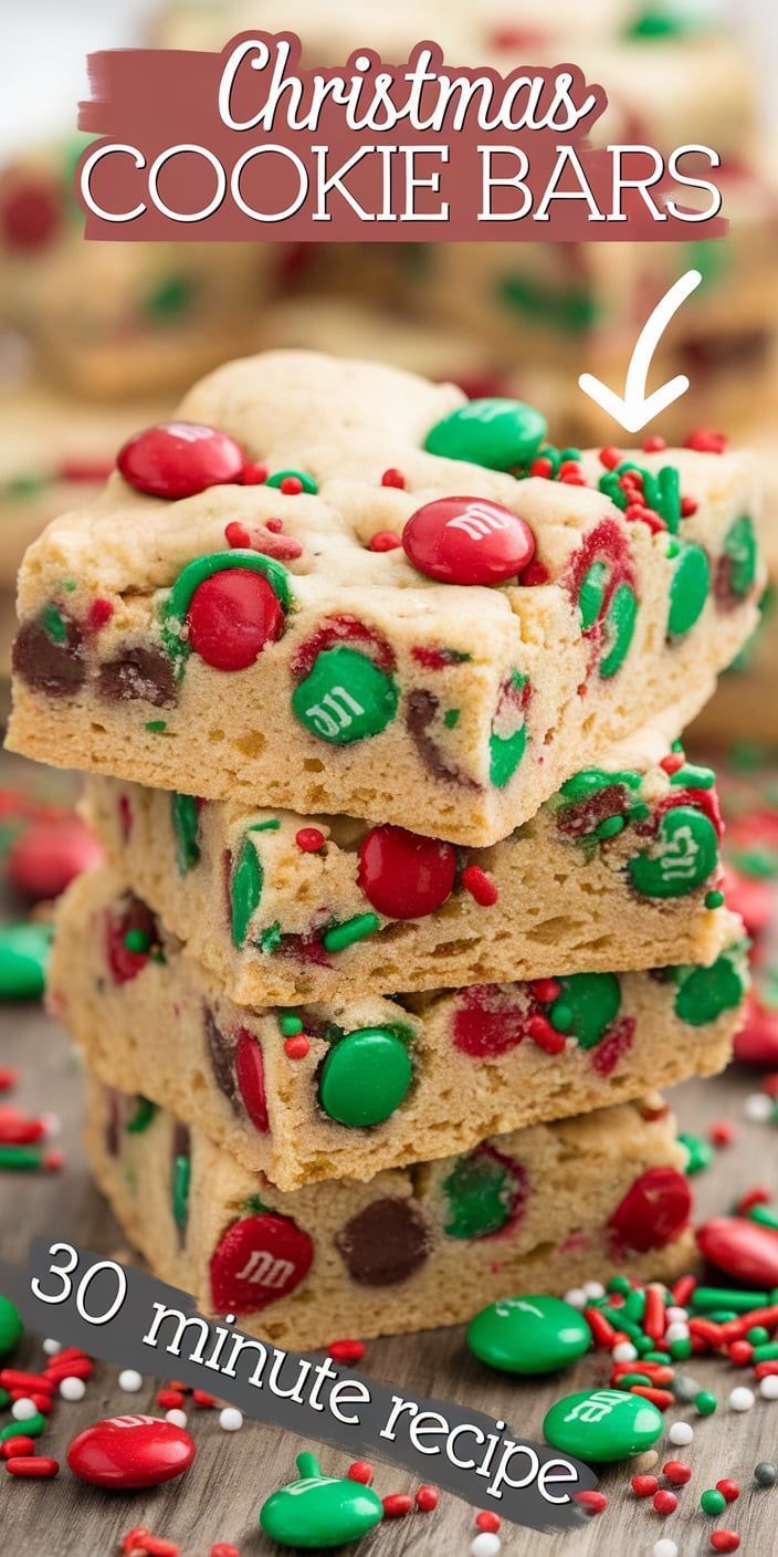 christmas cookie bars stacked on top of each other with the words, 30 minute recipe