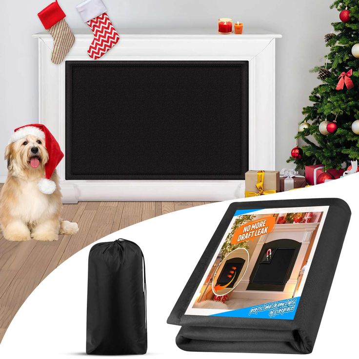 a dog wearing a santa hat sitting next to a christmas tree and an electronic tablet