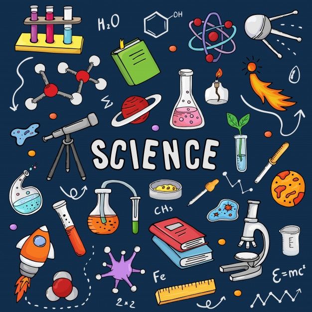 the word science surrounded by hand drawn doodles on a dark blue background with school supplies