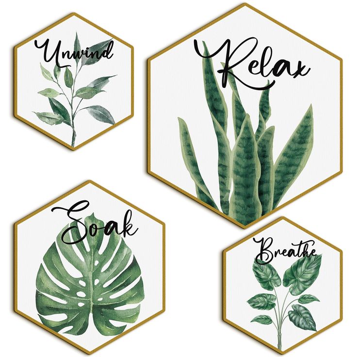 four hexagons with leaves and words on them